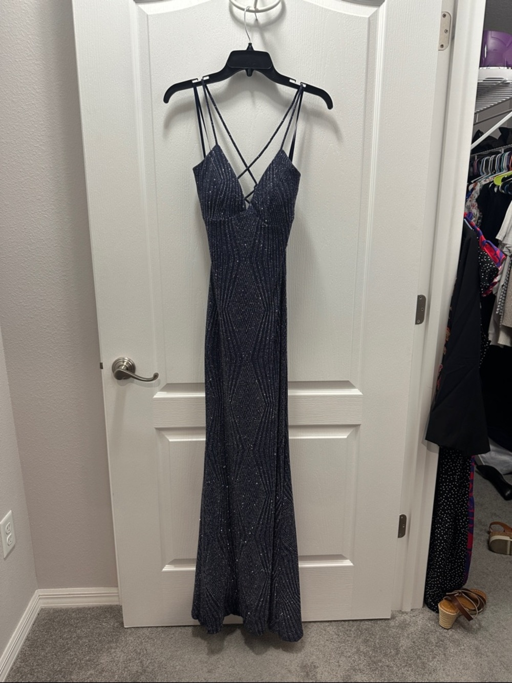 Windsor Navy Sparkle Prom Dress with Crisscross Straps